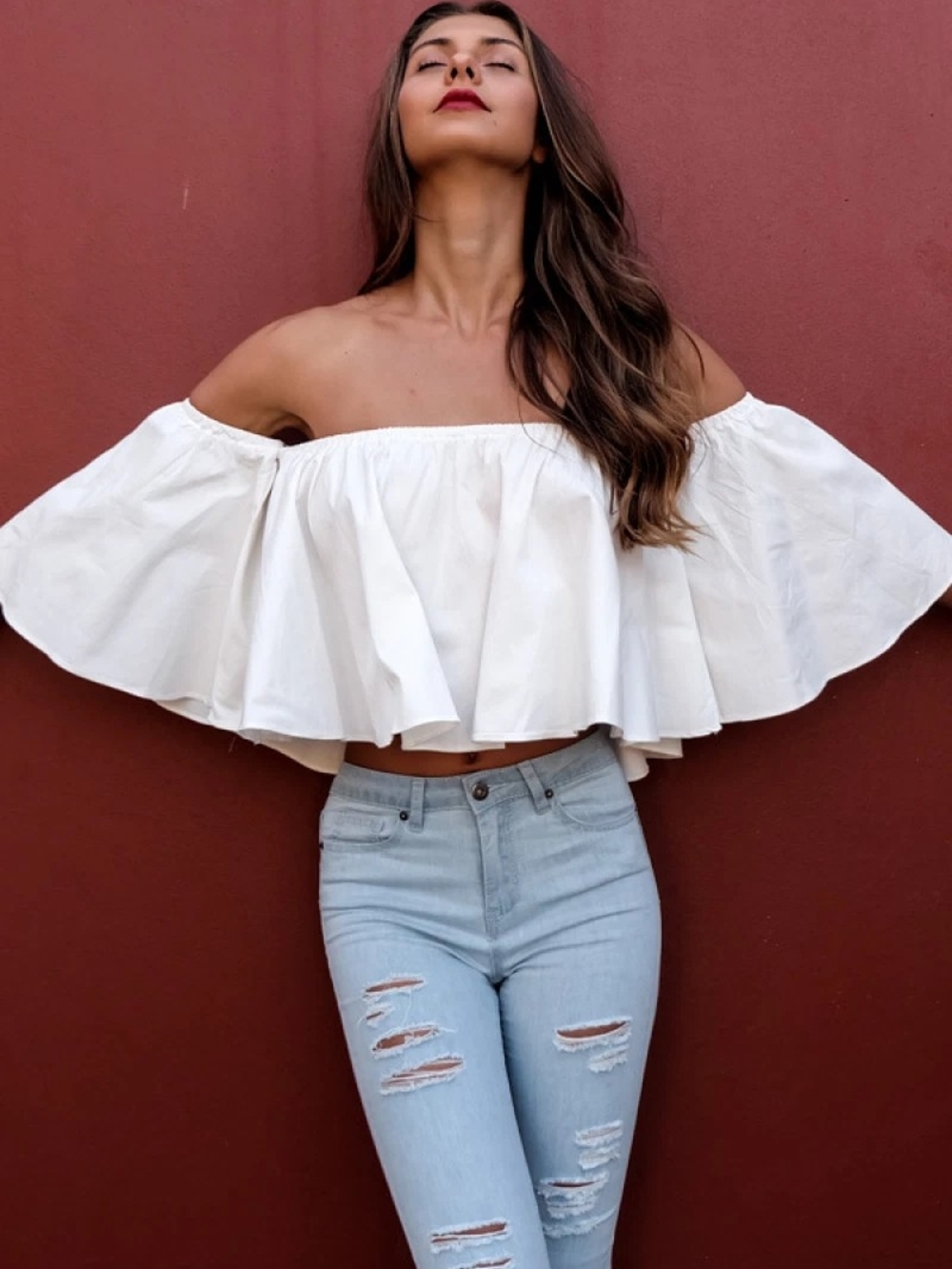 White Off-Shoulder Ruffled Crop Top